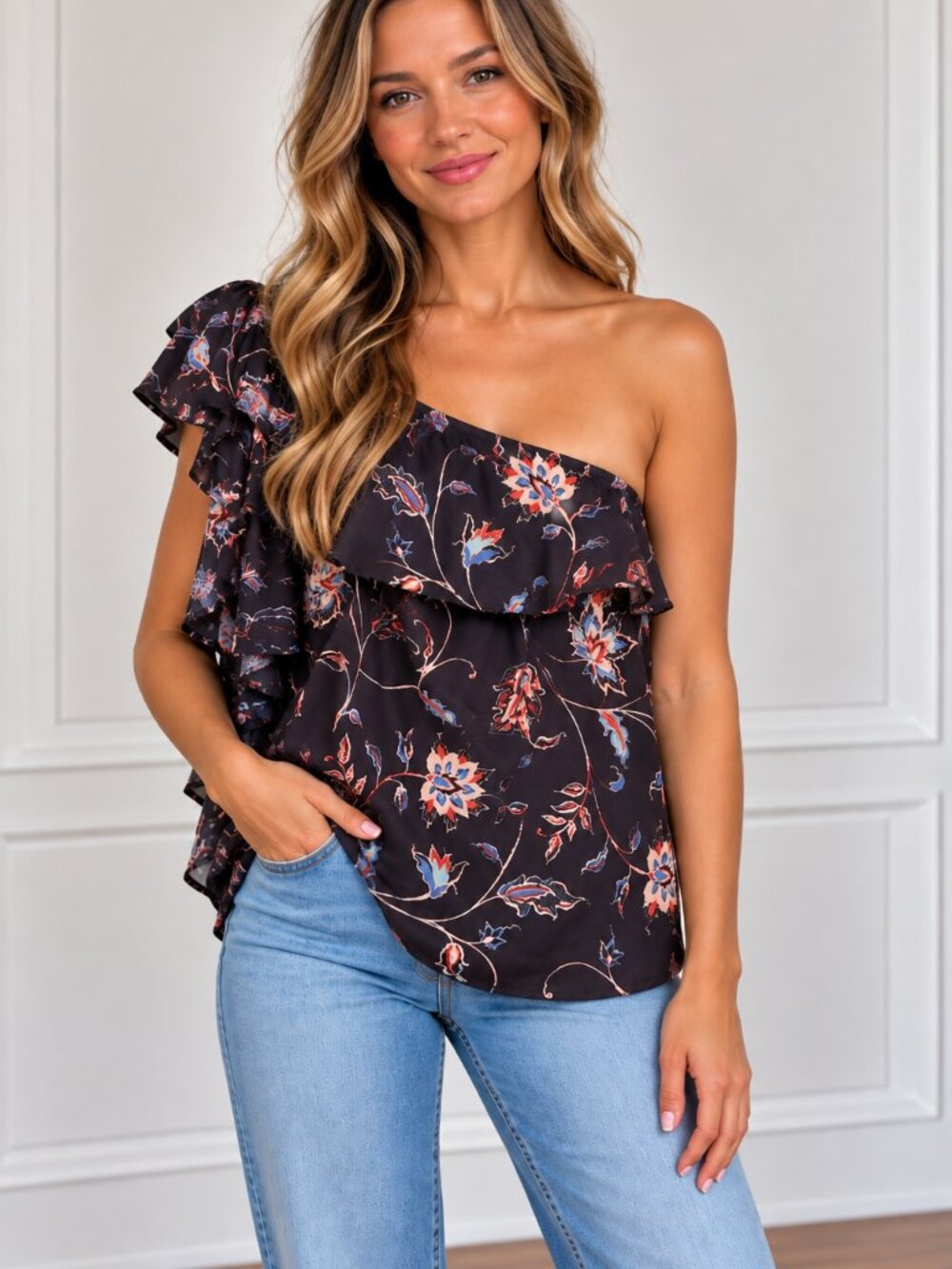 Astr Black Floral One-Shoulder Ruffle Camisole